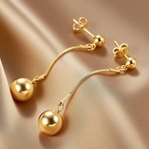 18K Gold Plated Stainless‎ Steel Sphere Dangle Earrings Long Drop Chain